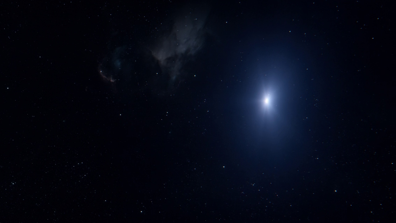 Still frame from Subspace Rhapsody showing the familiar flash of light effect after the USS Cayuga went to warp.