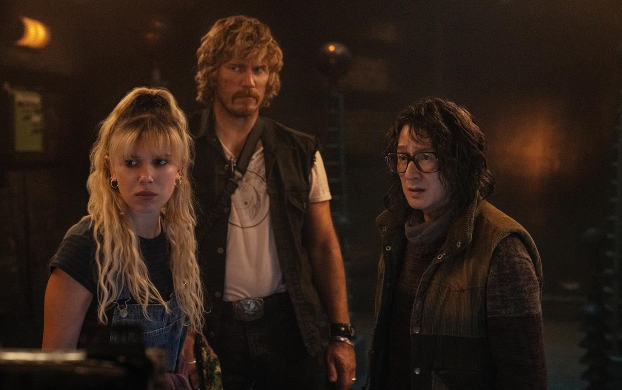 Promo photo from The Electric State (2025) showing Michelle, Keats, and Dr Amherst.