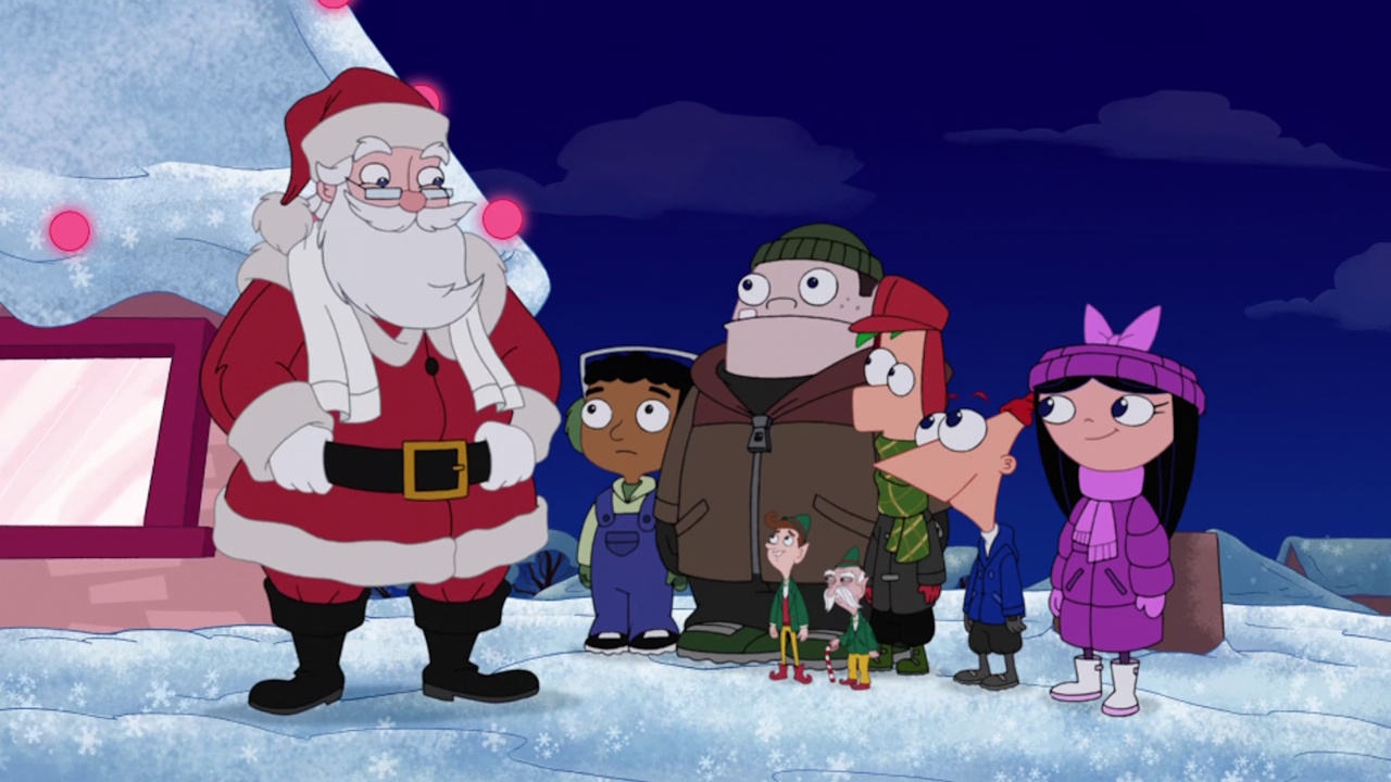 Still frame from Phineas and Ferb showing Santa Claus meeting the kids.