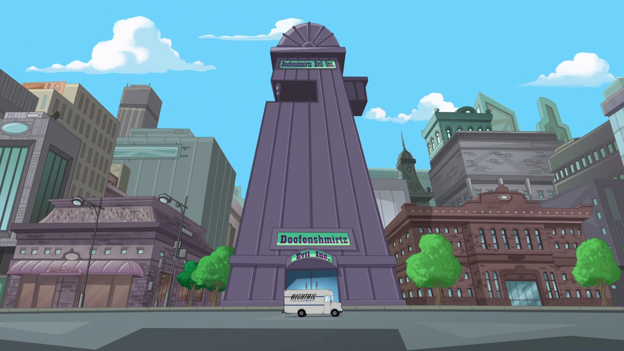 Still frame from Phineas and Ferb showing Doof's building from street level.
