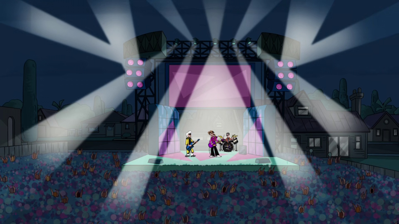 Still frame from Phineas and Ferb showing Love Handel's concert.