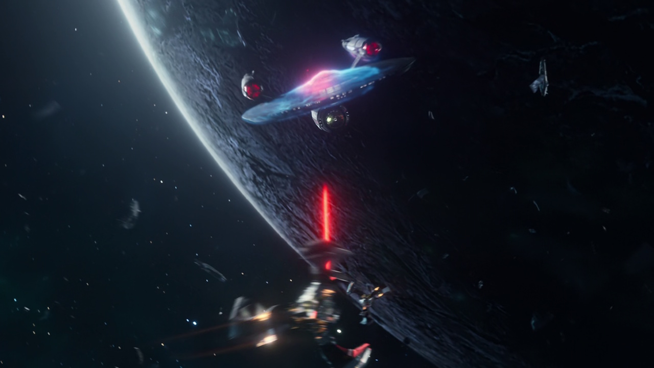 Still frame from Star Trek: Strange New Worlds Season 2 showing the Enterprise under attack by the Gorn.