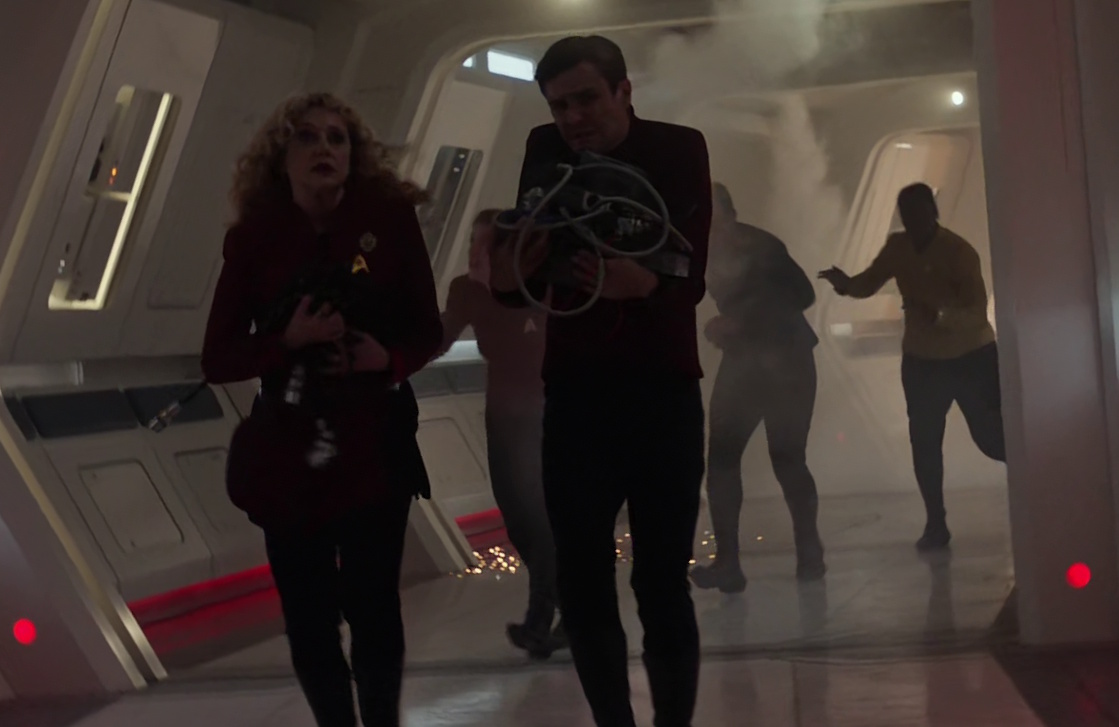 Still frame from Star Trek: Strange New Worlds Season 2 showing Pelia and Scotty.
