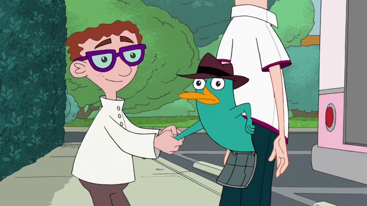 Still frame from Phineas and Ferb showing Carl, Perry, and their robot.