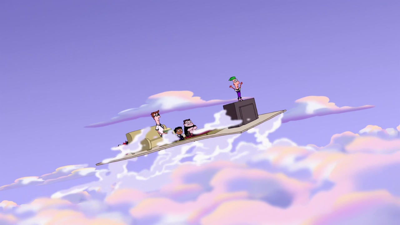 Still frame from Phineas and Ferb showing the gang on their magic carpet.