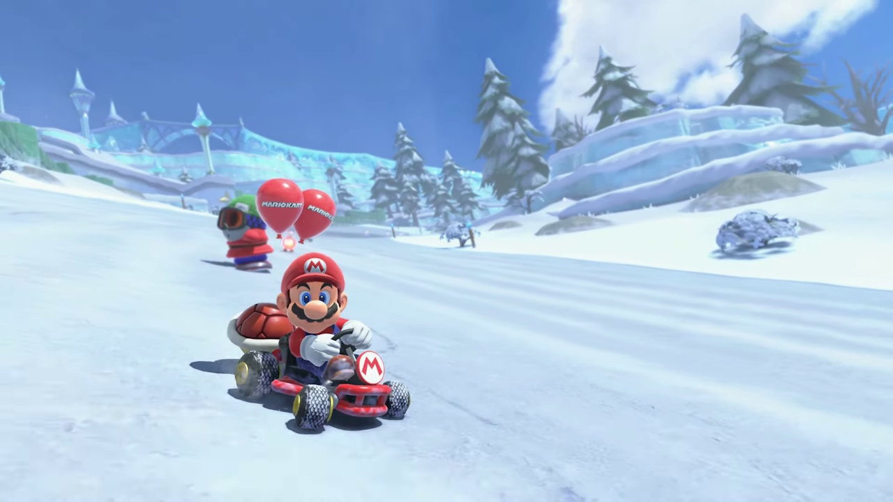 Still frame from the Mario Kart World Nintendo Direct broadcast showing Mario in Battle Mode.