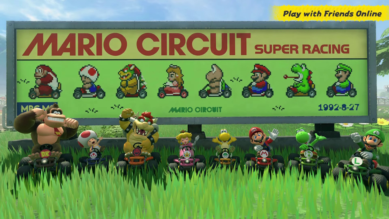 Still frame from the Mario Kart World Nintendo Direct broadcast showing photo mode (and the main characters from Super Mario Kart on a billboard).