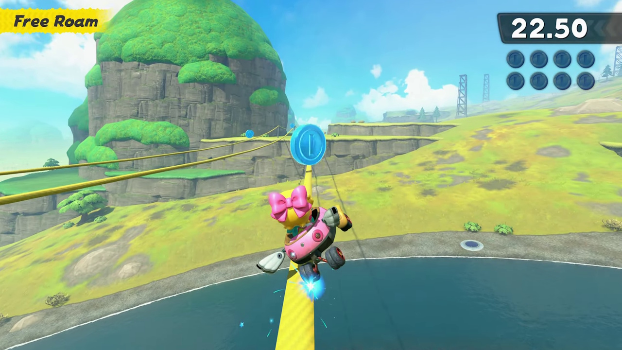 Still frame from the Mario Kart World Nintendo Direct broadcast showing a challenge/mission in free roam mode.