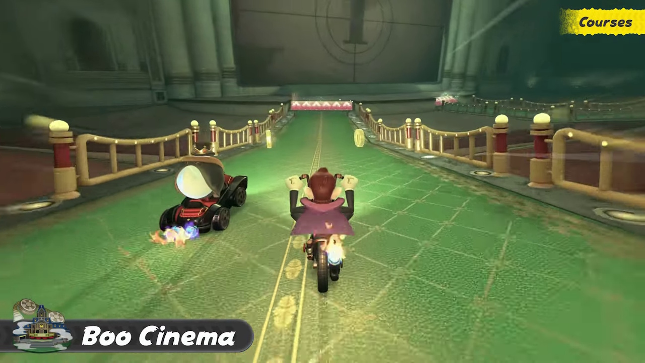 Still frame from the Mario Kart World Nintendo Direct broadcast showing Boo Cinema.