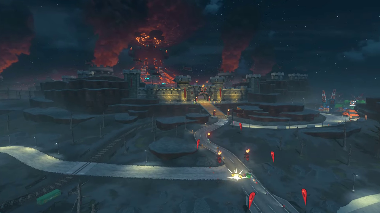 Still frame from the Mario Kart World Nintendo Direct broadcast showing Bowser's Castle.