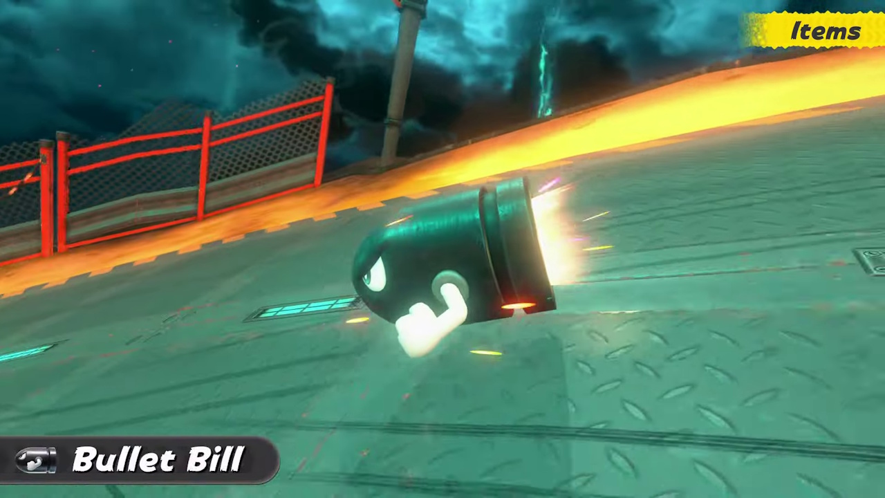 Still frame from the Mario Kart World Nintendo Direct broadcast showing Bullet Bill.