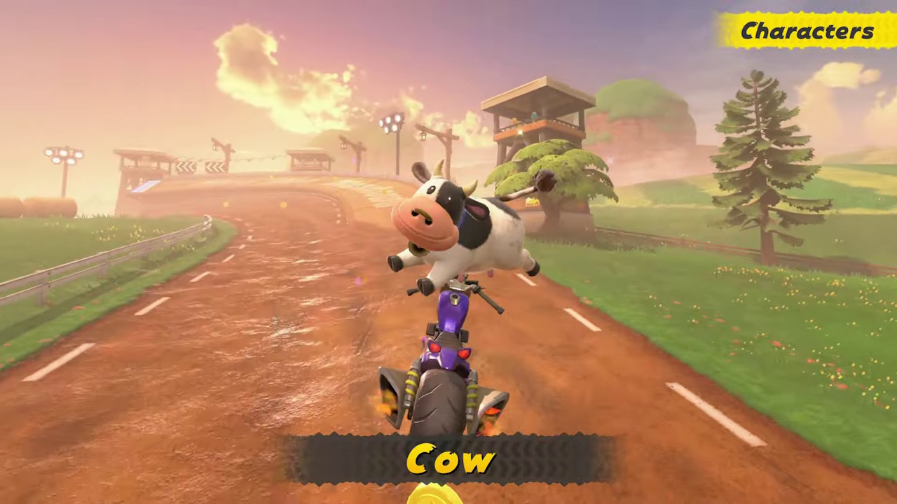 Still frame from the Mario Kart World Nintendo Direct broadcast showing Cow.