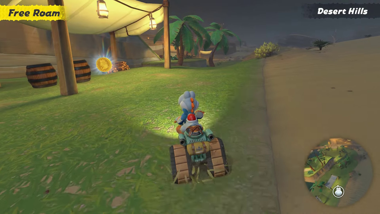 Still frame from the Mario Kart World Nintendo Direct broadcast showing Yoshi finding a coin.