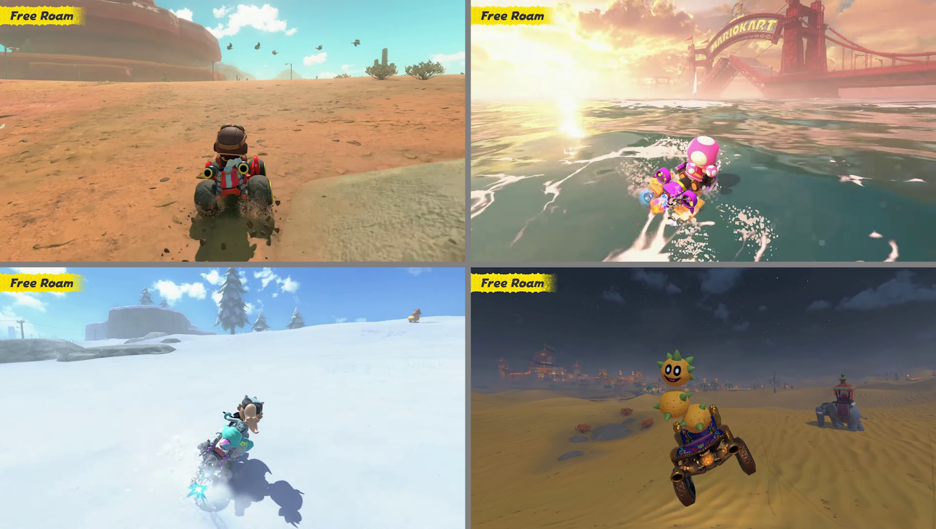 Still frame from the Mario Kart World Nintendo Direct broadcast showing four different free roam scenes.