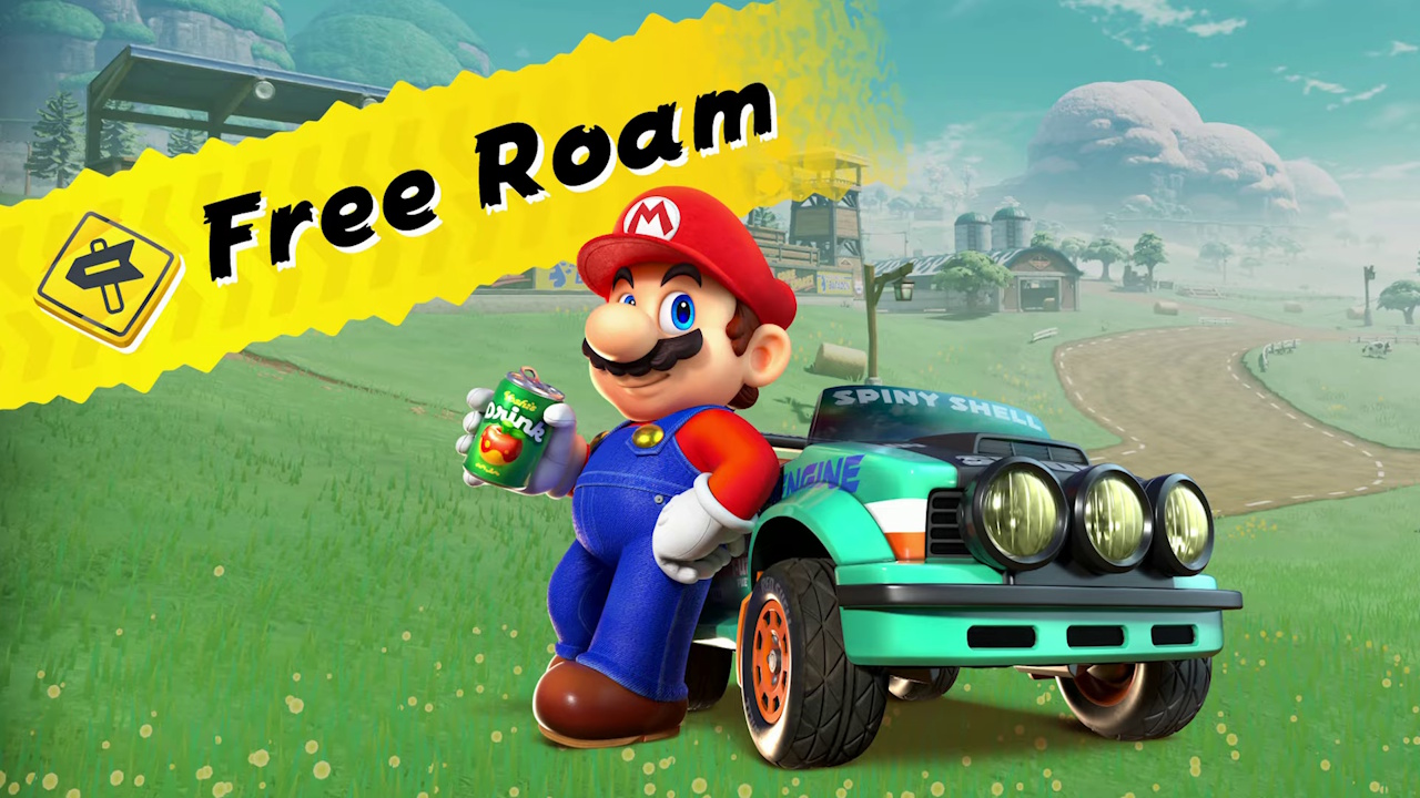 Still frame from the Mario Kart World Nintendo Direct broadcast showing the free roam title card.