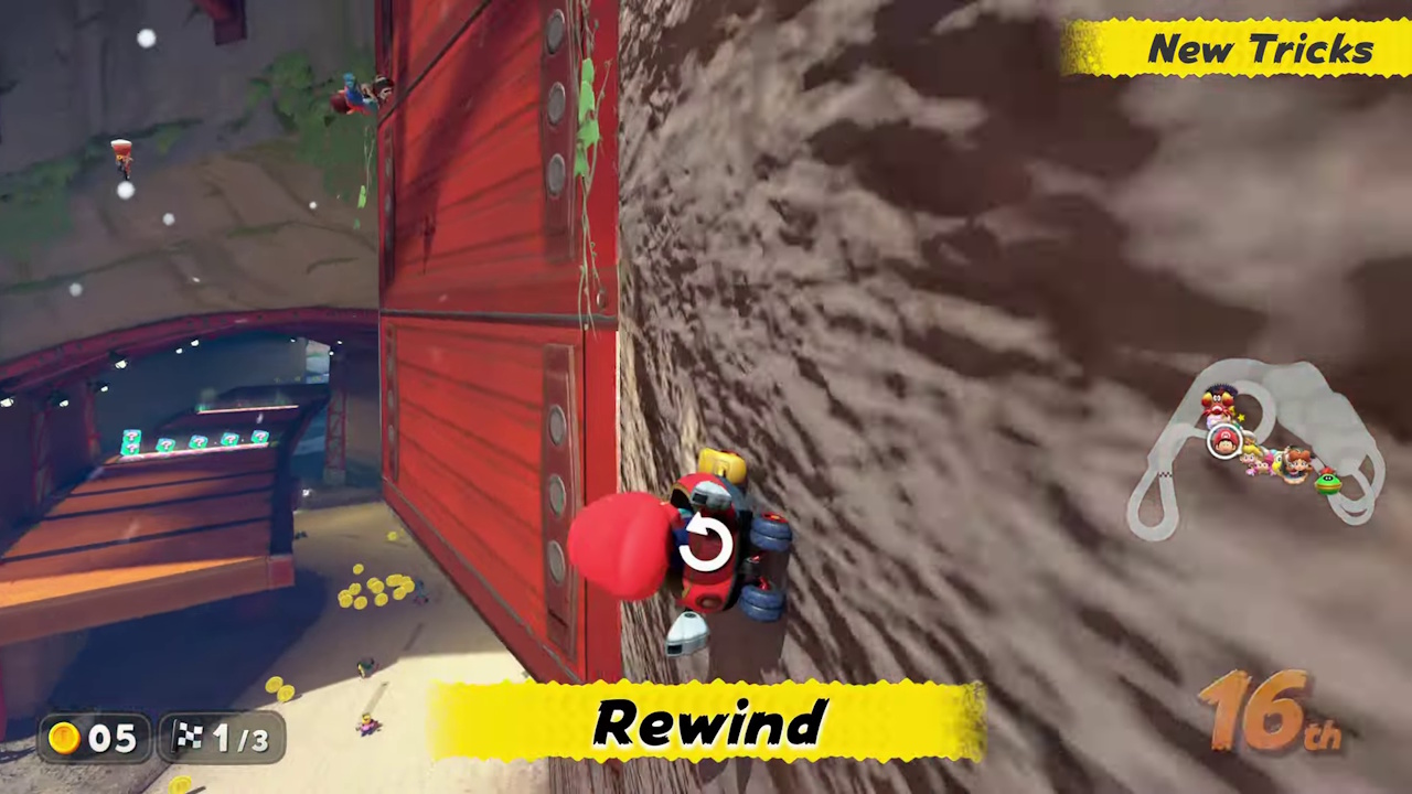 Still frame from the Mario Kart World Nintendo Direct broadcast showing the rewind feature.