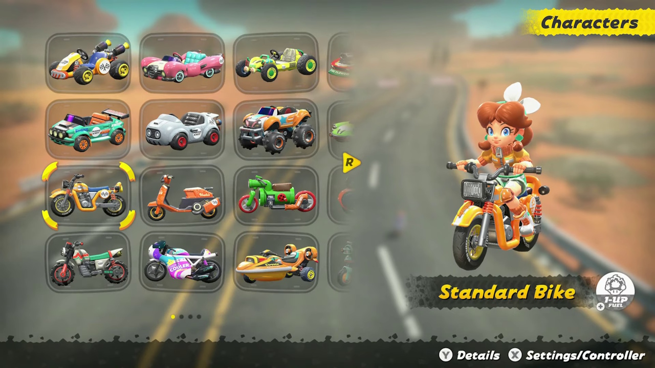 Still frame from the Mario Kart World Nintendo Direct broadcast showing the vehicle select screen.