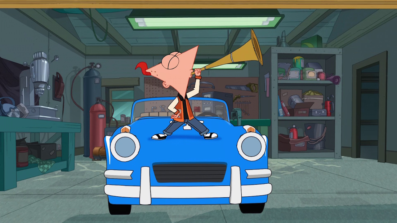 Still frame from Phineas and Ferb showing Phineas blowing a bugle on top of a car.