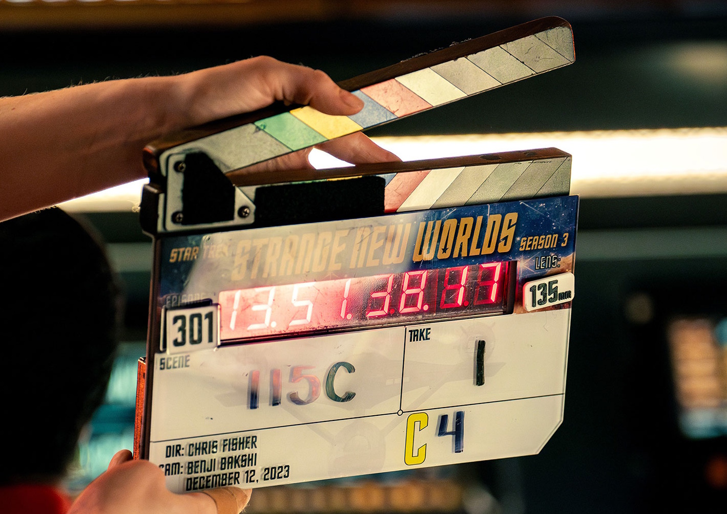 Behind-the-scenes photo from Star Trek: Strange New Worlds Season 3 showing a clapper board.