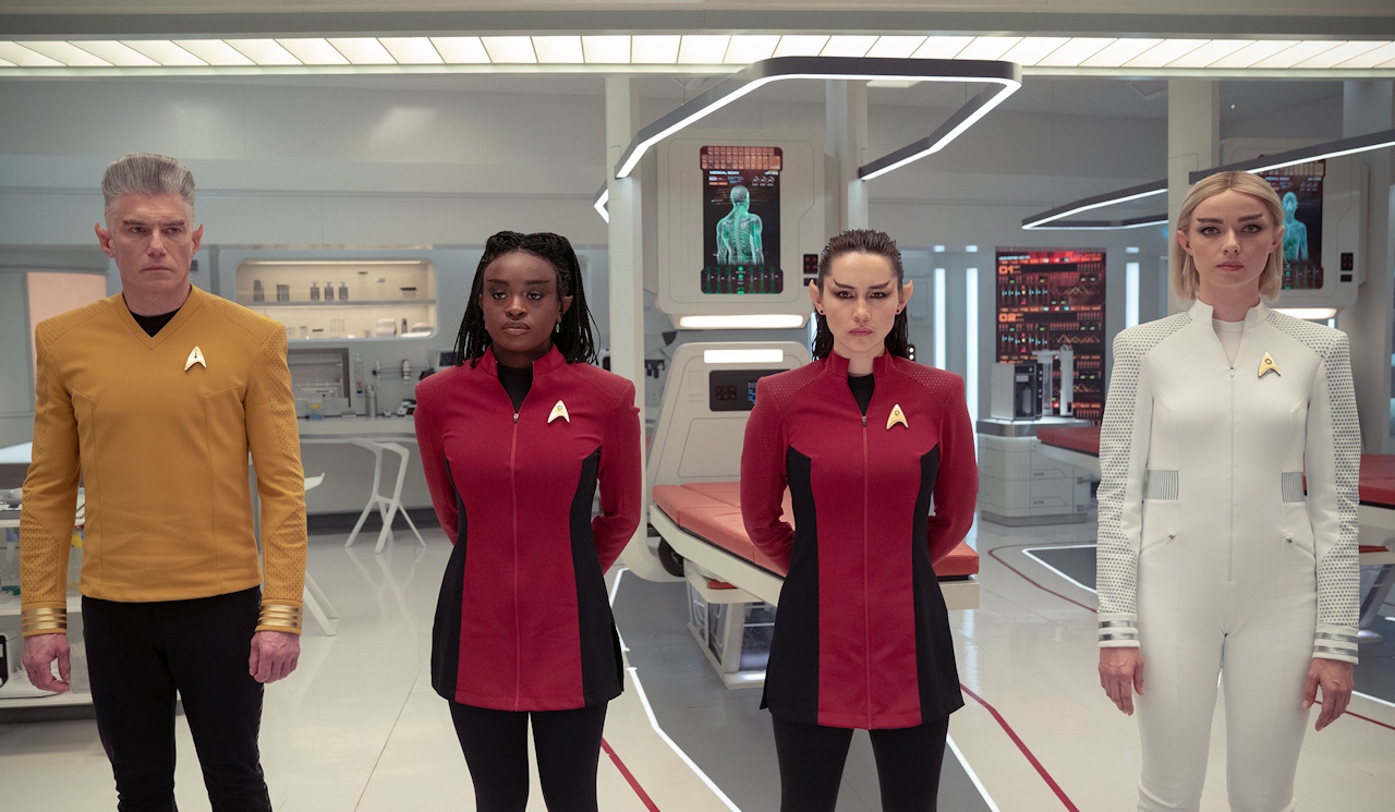 Promo photo for Strange New Worlds Season 3 showing four characters in Vulcan makeup.