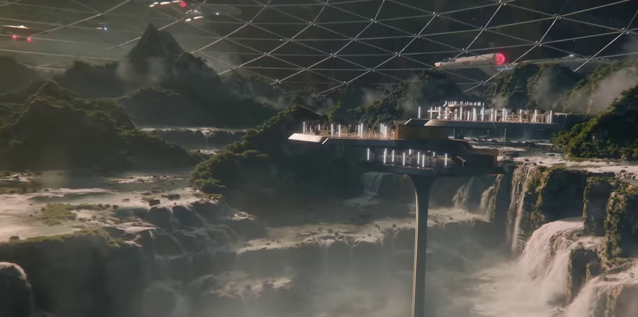 Still frame from the Star Trek: Strange New Worlds Season 3 trailer showing a river, a floating platform, a dome, and several spaceships.
