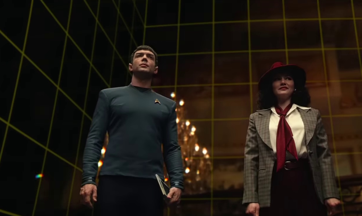 Still frame from the Star Trek: Strange New Worlds Season 3 trailer showing Spock and La'an on what looks like a holodeck.