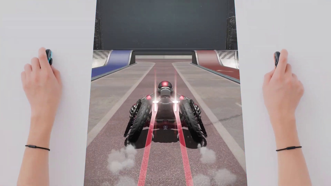 Still frame from the Nintendo Switch 2 Direct showing the Joy Con controllers and Drag x Drive.