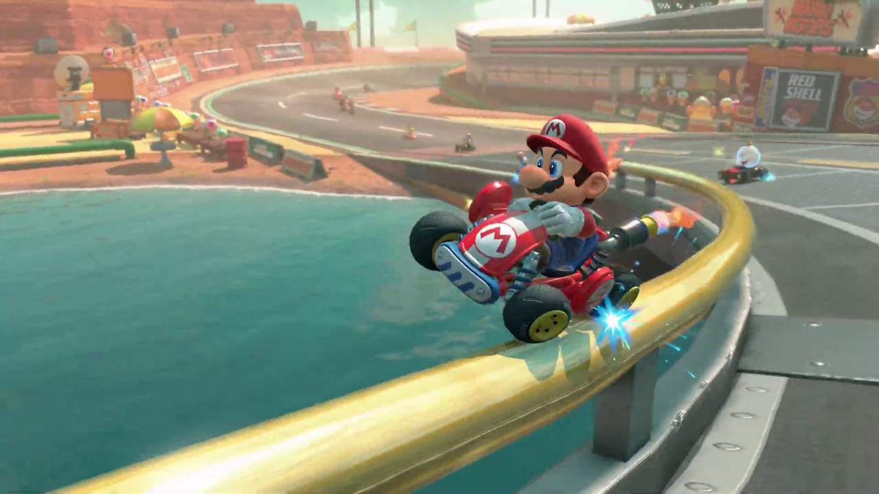 Still frame from the Mario Kart World trailer showing Mario grinding on a rail.