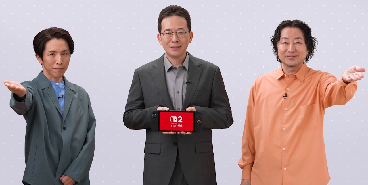 Still frame from the Nintendo Direct broadcast announcing the Switch 2 showing three Nintendo executives.