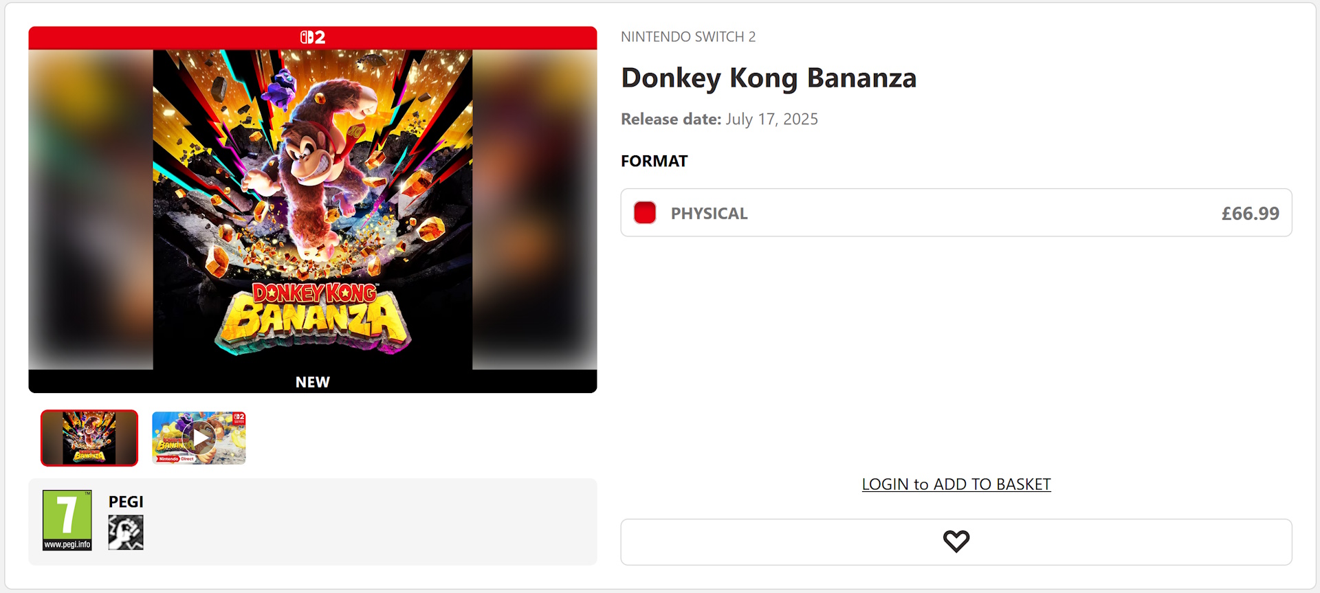 Still frame from Nintendo's website showing the price of Donkey Kong Bananza.