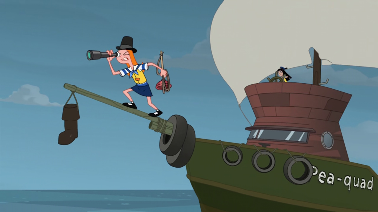 Still frame from Phineas and Ferb showing Candace and Stacy on their boat.