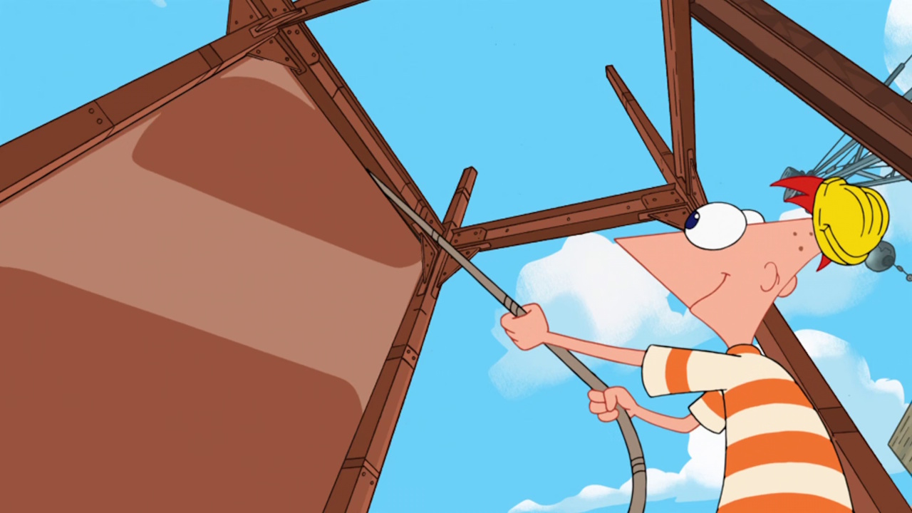 Still frame from Phineas and Ferb showing Phineas erecting a building.