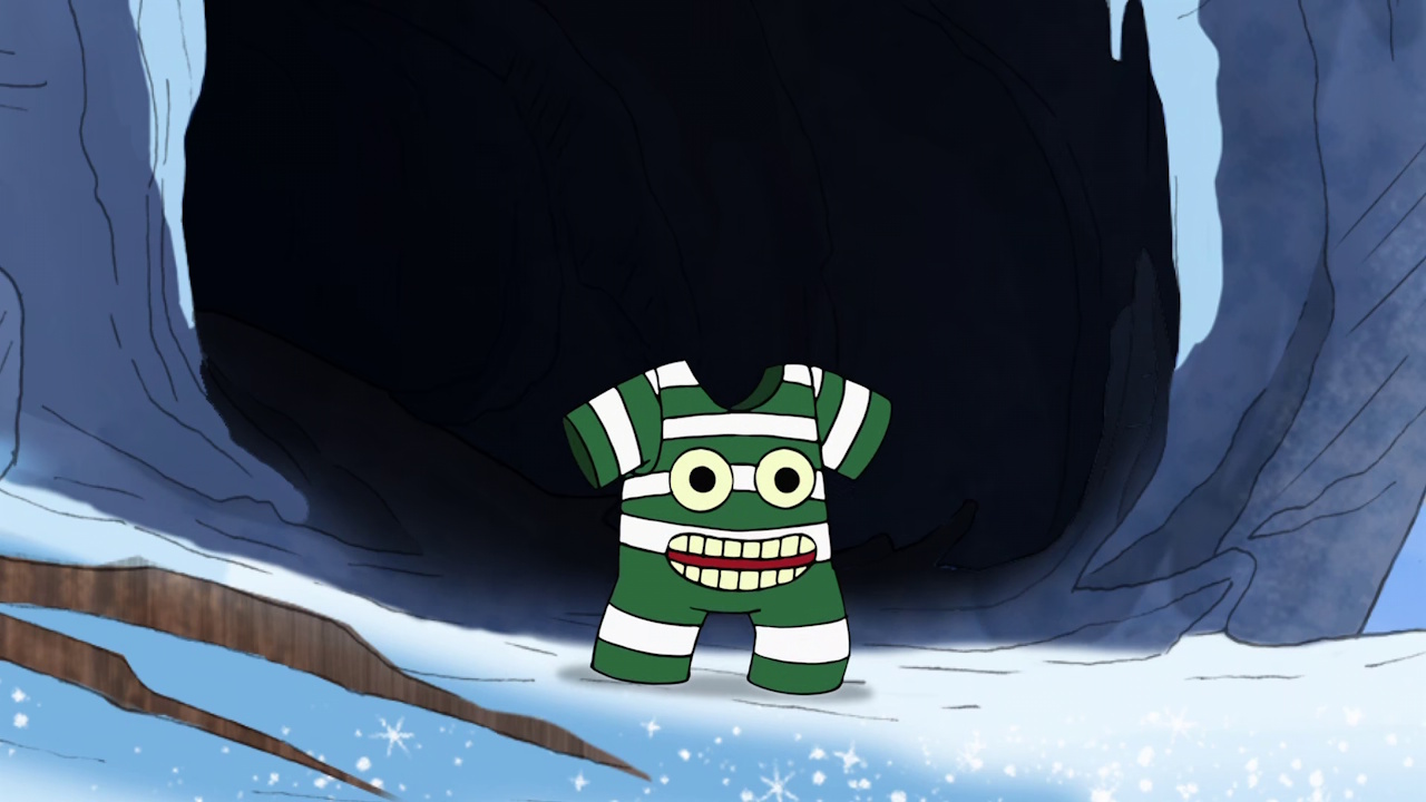 Still frame from Phineas and Ferb showing Klimpaloon (an old-timey bathing suit with a face).