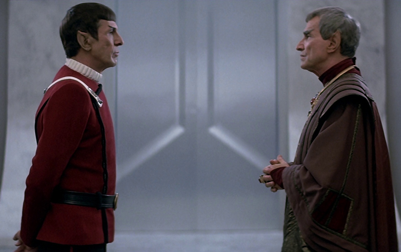 Still frame from Star Trek IV: The Voyage Home showing Spock and Sarek at Starfleet HQ.