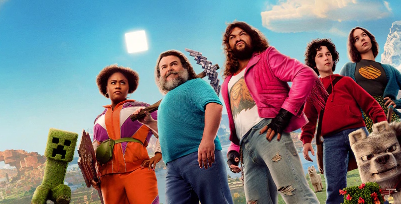 Cropped promo poster for A Minecraft Movie (2025) showing the main characters.