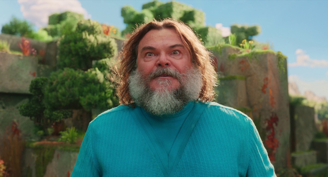 Still frame from A Minecraft Movie showing Steve in the Overworld.