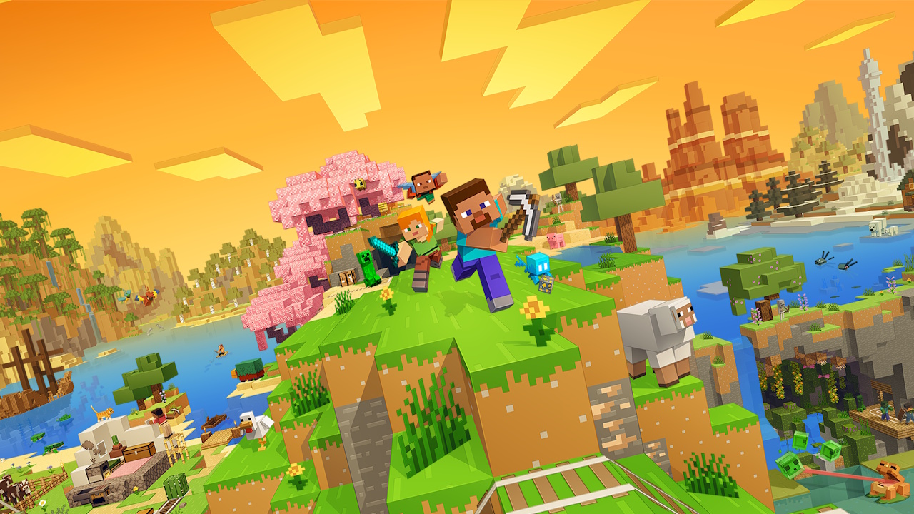 Promo art for Minecraft or the Minecraft franchise showing characters and animals at sunset.