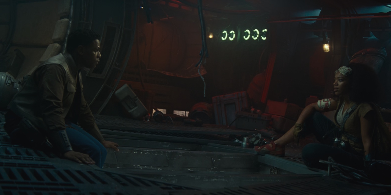 Still frame from Star Wars: The Rise of Skywalker (2019) showing Finn and Jannah. Brightness adjusted.