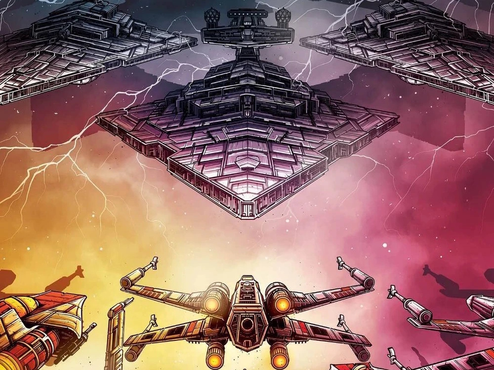 Cropped promo poster for the IMAX version of Star Wars: The Rise of Skywalker (2019) featuring rebel and imperial spaceships.