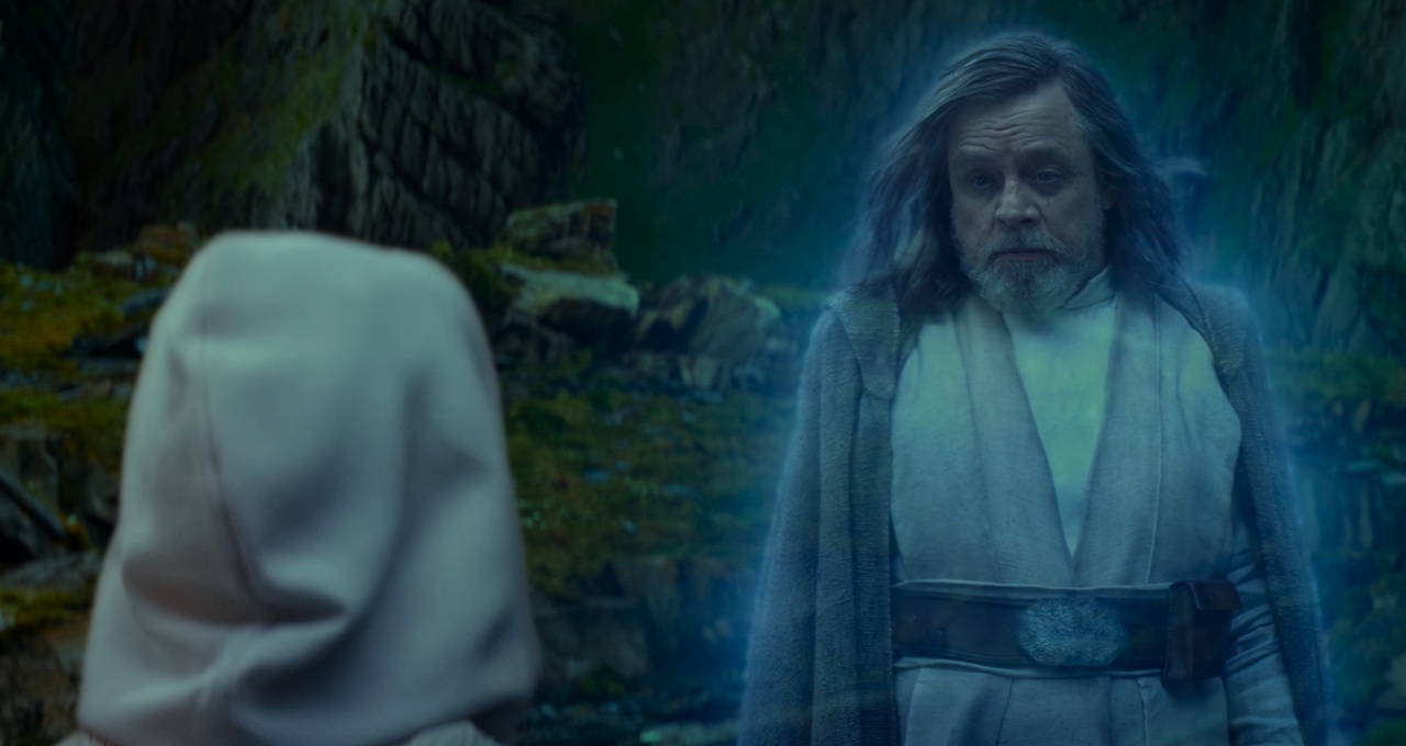 Still frame from The Rise of Skywalker showing Rey and ghost Luke.