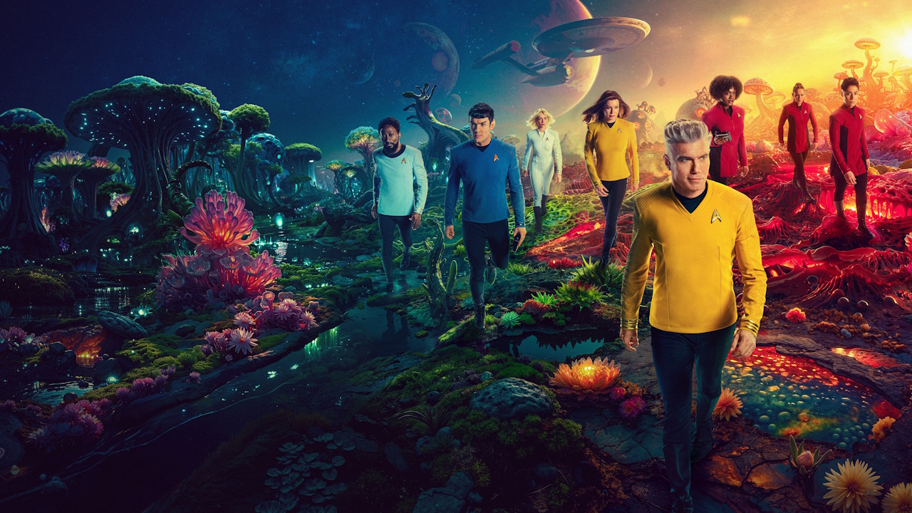 Promo poster for Star Trek: Strange New Worlds Season 3 showing the main characters walking across an alien landscape.