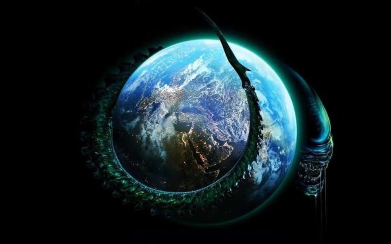 Cropped promo poster for Alien: Earth showing a Xenomorph wrapped around planet Earth.
