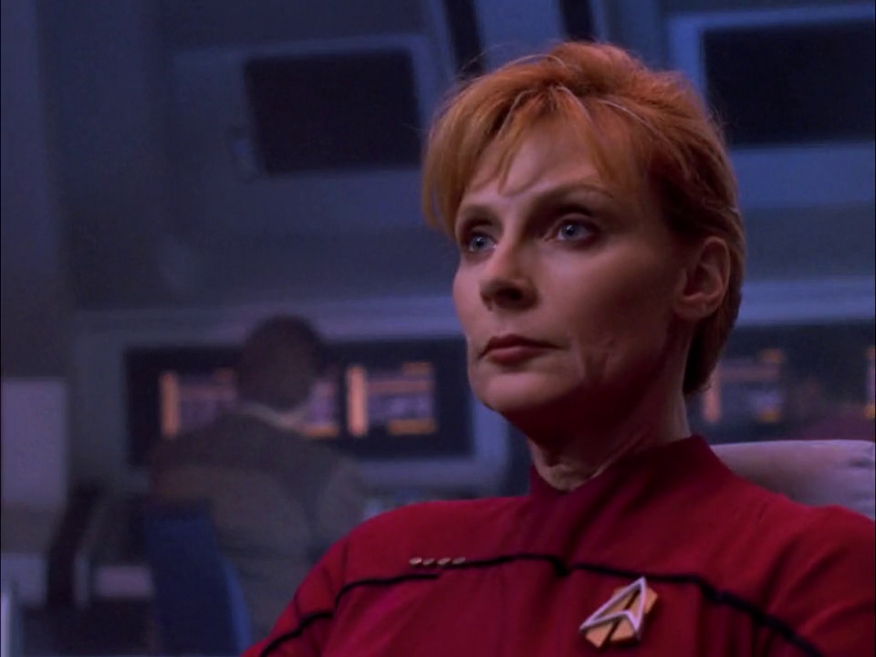 Still frame from Star Trek: The Next Generation showing Beverly Picard in an alternate future timeline.