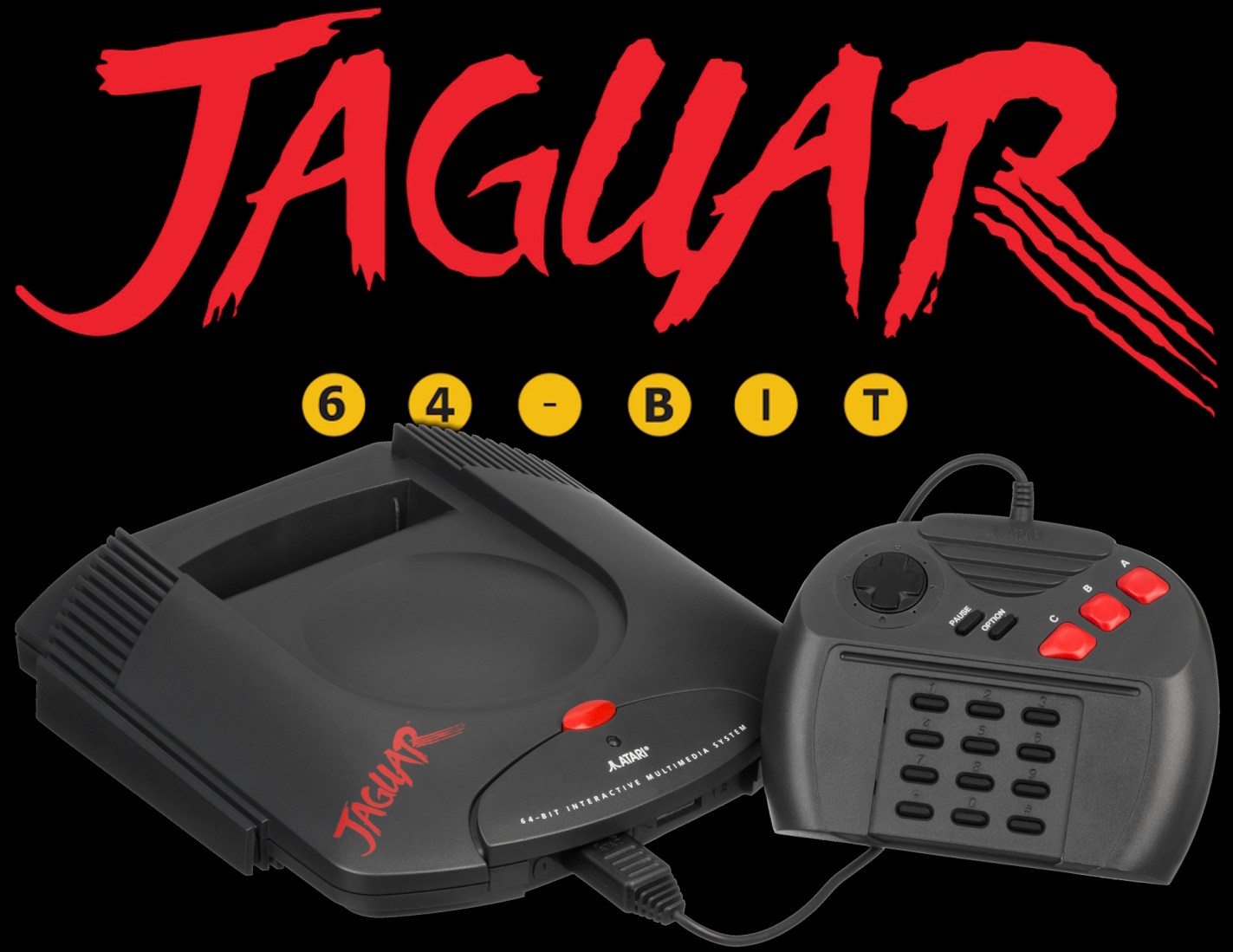 Atari Jaguar logo + console on a black background.