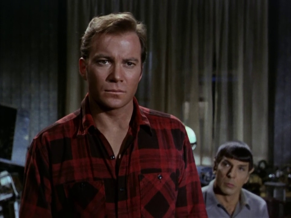Still frame from Star Trek: The Original Series showing Kirk and Spock in the 20th Century.