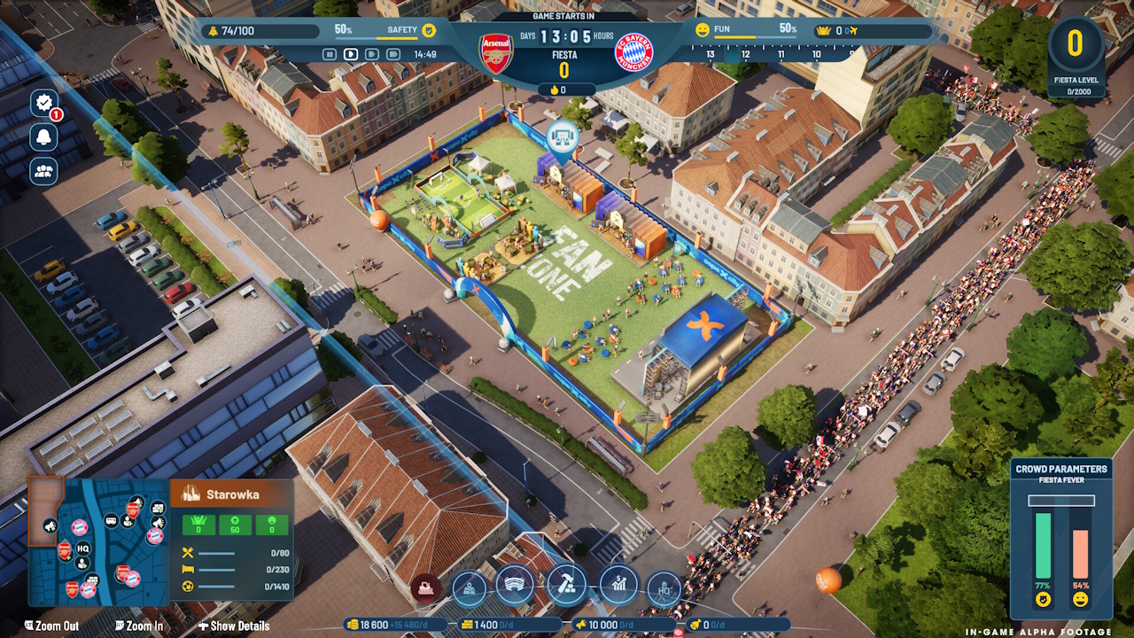 Promo screenshot of Copa City, showing a top-down view of a fan zone.