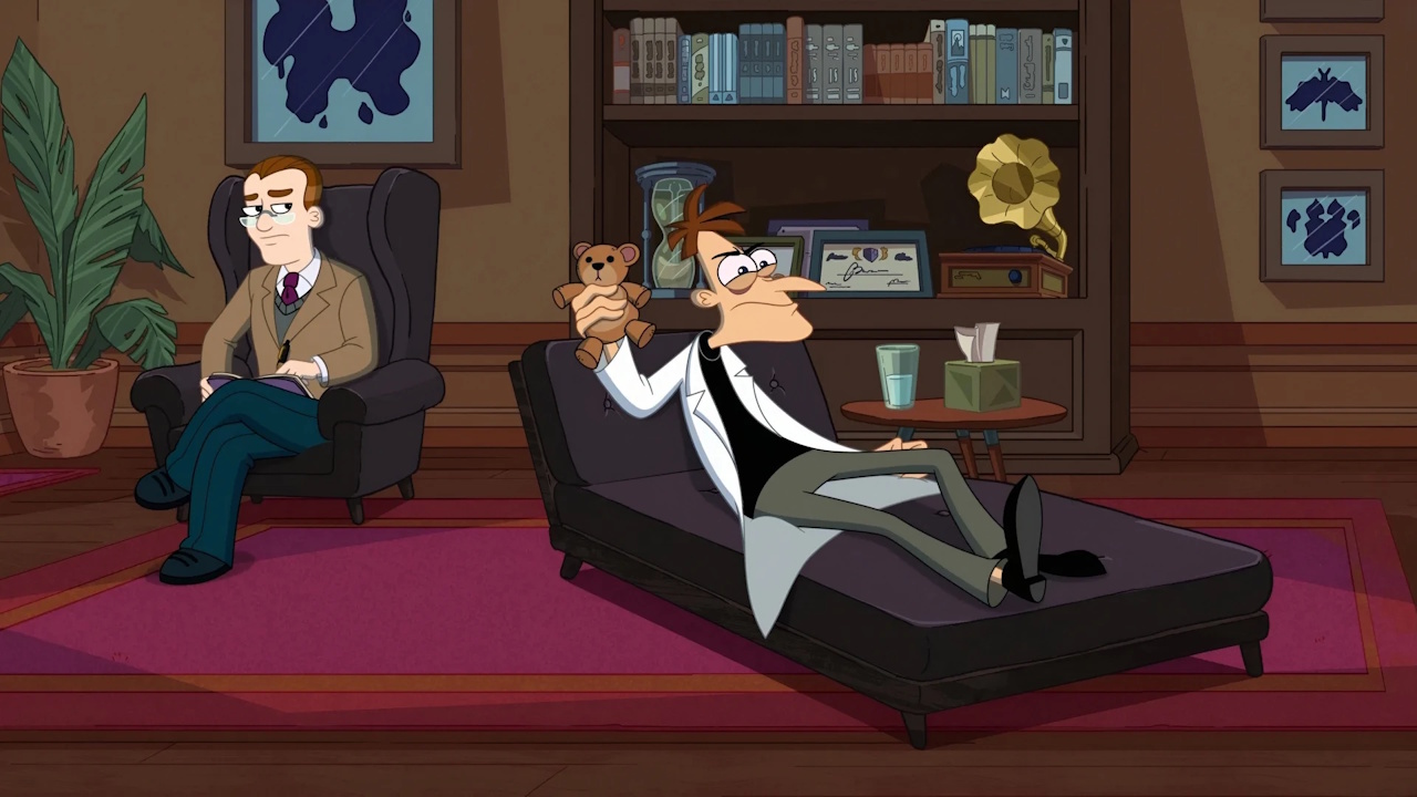 Promotional image for Phineas and Ferb Season 5 showing Dr Doofenshmirtz at a therapist's office.