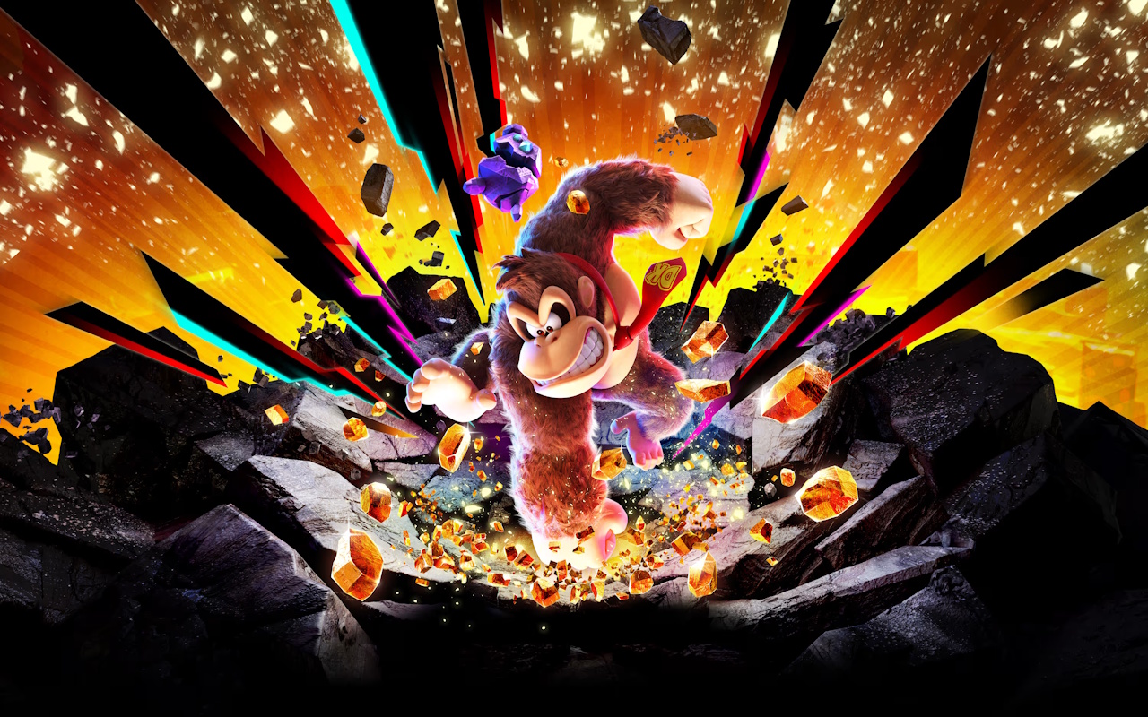 Promo image for Donkey Kong Bananza showing DK punching the ground.