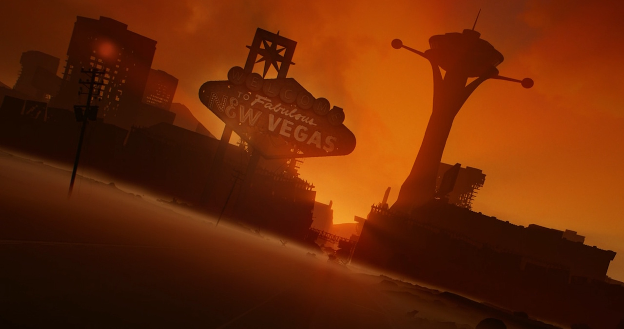 Render from the credits sequence of Fallout Season 1 showing the New Vegas skyline.