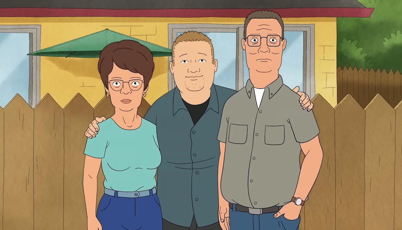 Still frame from the King of the Hill revival trailer, showing an older Peggy, Bobby, and Hank.